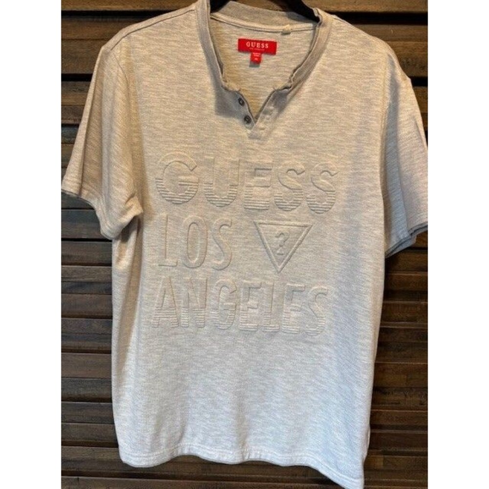 Mens Guess Los Angeles Textured Raisedβ Logo Henley MED Grey Short Sleeve EUC